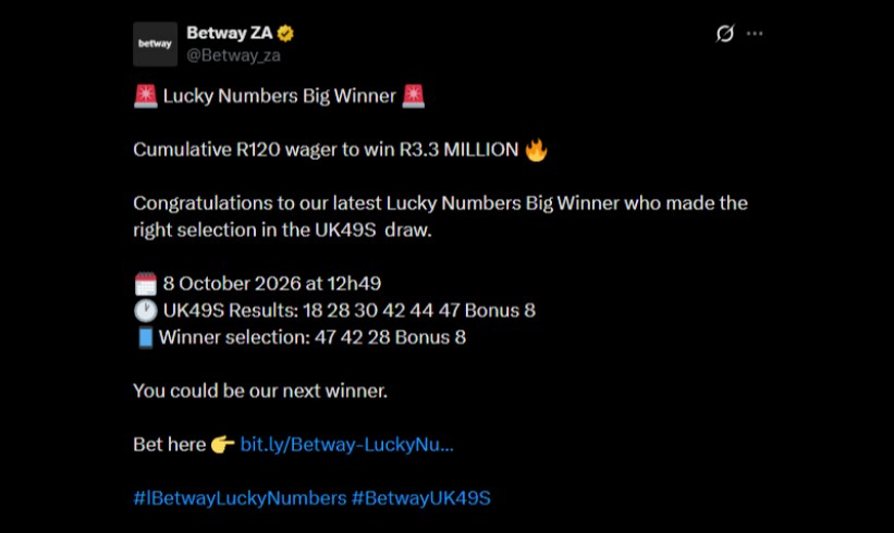 Twitter Betway R3300K UK49S Win Twitter Betway R3300K UK49S Win