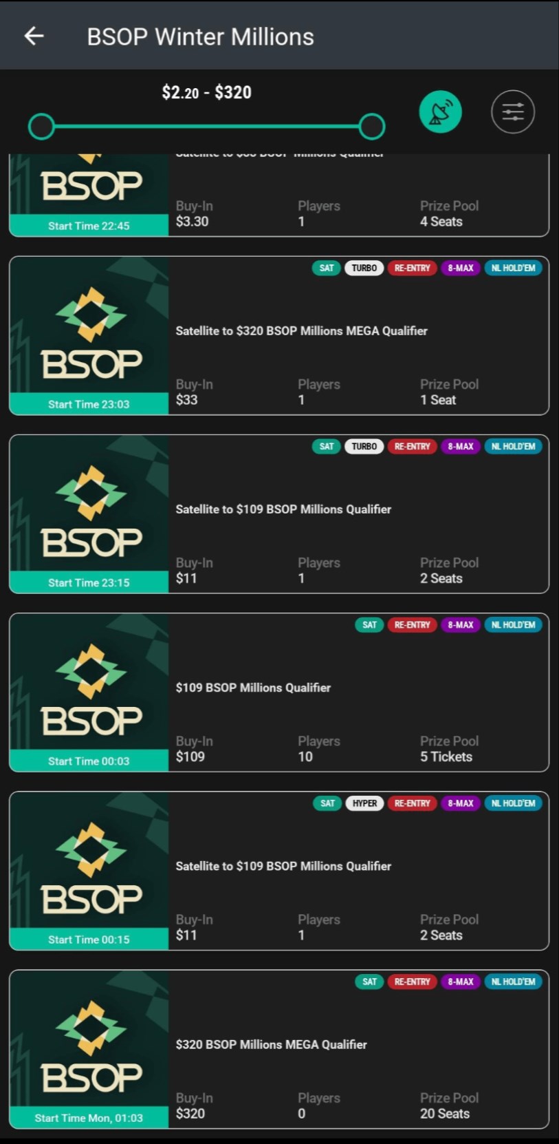PokerStars BSOP lobby