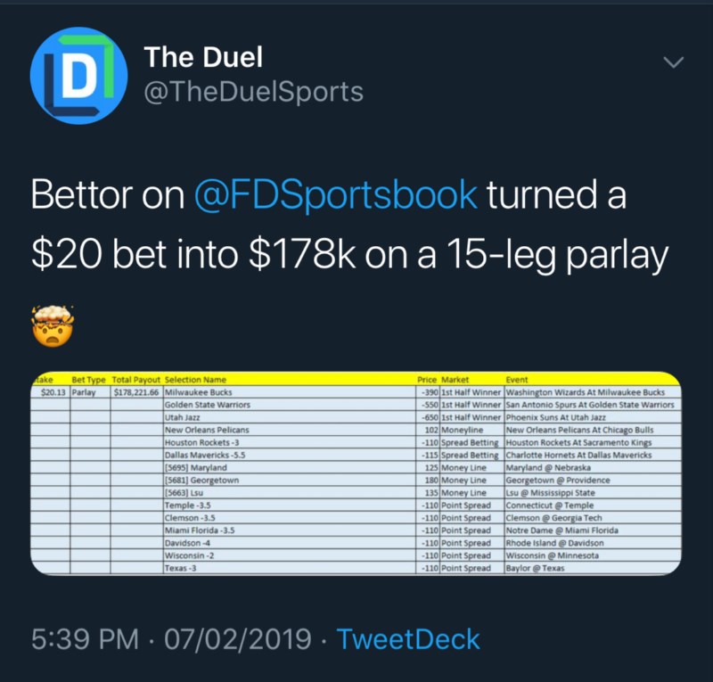 Lucky bettor wins big on $20 15-leg parlay