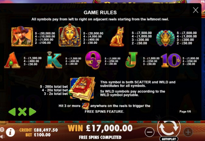 John Hunter and the Book of Tut Slots Paytable John Hunter and the Book of Tut Slots Paytable