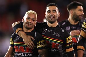 SYDNEY, AUSTRALIA - OCTOBER 02: Apisai Koroisau of the Panthers and Tyrone May of the Panthers celebrate after winning the NRL Qualifying Final match between the Penrith Panthers and the Sydney Roosters at Panthers Stadium on October 02, 2020 in Sydney, Australia. (Photo by Cameron Spencer/Getty Images)