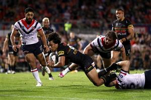 SYDNEY, AUSTRALIA - OCTOBER 02: Jerome Luai of the Panthers is tackled close to the try-line during the NRL Qualifying Final match between the Penrith Panthers and the Sydney Roosters at Panthers Stadium on October 02, 2020 in Sydney, Australia. (Photo by Cameron Spencer/Getty Images)