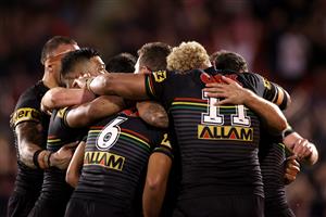 SYDNEY, AUSTRALIA - OCTOBER 02: The Panthers celebrate after winning the NRL Qualifying Final match between the Penrith Panthers and the Sydney Roosters at Panthers Stadium on October 02, 2020 in Sydney, Australia. (Photo by Cameron Spencer/Getty Images)