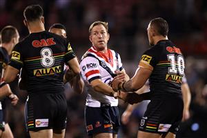 SYDNEY, AUSTRALIA - OCTOBER 02: Mitchell Aubusson of the Roosters shakes hands with James Fisher-Harris of the Panthers after the NRL Qualifying Final match between the Penrith Panthers and the Sydney Roosters at Panthers Stadium on October 02, 2020 in Sydney, Australia. (Photo by Cameron Spencer/Getty Images)