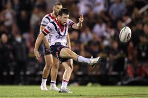 SYDNEY, AUSTRALIA - OCTOBER 02: Luke Keary of the Roosters attempts to kick a field-goal during the NRL Qualifying Final match between the Penrith Panthers and the Sydney Roosters at Panthers Stadium on October 02, 2020 in Sydney, Australia. (Photo by Cameron Spencer/Getty Images)