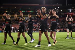 SYDNEY, AUSTRALIA - OCTOBER 02: Viliame Kikau of the Panthers celebrates winning the NRL Qualifying Final match between the Penrith Panthers and the Sydney Roosters at Panthers Stadium on October 02, 2020 in Sydney, Australia. (Photo by Cameron Spencer/Getty Images)
