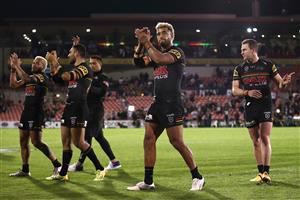 SYDNEY, AUSTRALIA - OCTOBER 02: Viliame Kikau of the Panthers celebrates winning the NRL Qualifying Final match between the Penrith Panthers and the Sydney Roosters at Panthers Stadium on October 02, 2020 in Sydney, Australia. (Photo by Cameron Spencer/Getty Images)