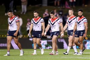 SYDNEY, AUSTRALIA - OCTOBER 02: Roosters players walk off the field after losing the NRL Qualifying Final match between the Penrith Panthers and the Sydney Roosters at Panthers Stadium on October 02, 2020 in Sydney, Australia. (Photo by Mark Kolbe/Getty Images)
