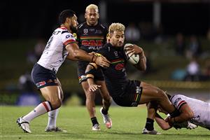 SYDNEY, AUSTRALIA - OCTOBER 02: Viliame Kikau of the Panthers is tackled during the NRL Qualifying Final match between the Penrith Panthers and the Sydney Roosters at Panthers Stadium on October 02, 2020 in Sydney, Australia. (Photo by Cameron Spencer/Getty Images)