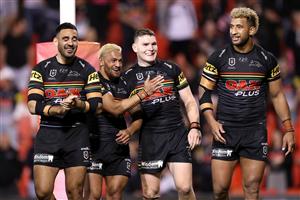 SYDNEY, AUSTRALIA - OCTOBER 02: The Panthers celebrate after winning the NRL Qualifying Final match between the Penrith Panthers and the Sydney Roosters at Panthers Stadium on October 02, 2020 in Sydney, Australia. (Photo by Mark Kolbe/Getty Images)
