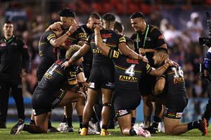 SYDNEY, AUSTRALIA - OCTOBER 02: The Panthers celebrate after winning the NRL Qualifying Final match between the Penrith Panthers and the Sydney Roosters at Panthers Stadium on October 02, 2020 in Sydney, Australia. (Photo by Cameron Spencer/Getty Images)