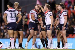 SYDNEY, AUSTRALIA - OCTOBER 02: Jared Waerea-Hargreaves of the Roosters reacts after making a mistake during the NRL Qualifying Final match between the Penrith Panthers and the Sydney Roosters at Panthers Stadium on October 02, 2020 in Sydney, Australia. (Photo by Mark Kolbe/Getty Images)