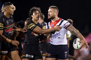 SYDNEY, AUSTRALIA - OCTOBER 02: Jared Waerea-Hargreaves of the Roosters reacts after making a mistake during the NRL Qualifying Final match between the Penrith Panthers and the Sydney Roosters at Panthers Stadium on October 02, 2020 in Sydney, Australia. (Photo by Cameron Spencer/Getty Images)