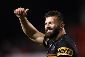 SYDNEY, AUSTRALIA - OCTOBER 02: Josh Mansour of the Panthers celebrates winning the NRL Qualifying Final match between the Penrith Panthers and the Sydney Roosters at Panthers Stadium on October 02, 2020 in Sydney, Australia. (Photo by Mark Kolbe/Getty Images)