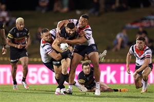 SYDNEY, AUSTRALIA - OCTOBER 02: Josh Mansour of the Panthers is tackled during the NRL Qualifying Final match between the Penrith Panthers and the Sydney Roosters at Panthers Stadium on October 02, 2020 in Sydney, Australia. (Photo by Cameron Spencer/Getty Images)