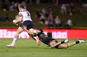 SYDNEY, AUSTRALIA - OCTOBER 02: Josh Morris of the Roosters is tackled by Brent Naden of the Panthers during the NRL Qualifying Final match between the Penrith Panthers and the Sydney Roosters at Panthers Stadium on October 02, 2020 in Sydney, Australia. (Photo by Mark Kolbe/Getty Images)