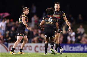 SYDNEY, AUSTRALIA - OCTOBER 02: Nathan Cleary of the Panthers celebrates kicking a field goal during the NRL Qualifying Final match between the Penrith Panthers and the Sydney Roosters at Panthers Stadium on October 02, 2020 in Sydney, Australia. (Photo by Cameron Spencer/Getty Images)