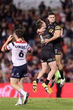 SYDNEY, AUSTRALIA - OCTOBER 02: Nathan Cleary of the Panthers celebrates kicking a field goal during the NRL Qualifying Final match between the Penrith Panthers and the Sydney Roosters at Panthers Stadium on October 02, 2020 in Sydney, Australia. (Photo by Mark Kolbe/Getty Images)