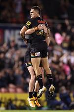 SYDNEY, AUSTRALIA - OCTOBER 02: Nathan Cleary of the Panthers celebrates kicking a field goal during the NRL Qualifying Final match between the Penrith Panthers and the Sydney Roosters at Panthers Stadium on October 02, 2020 in Sydney, Australia. (Photo by Cameron Spencer/Getty Images)