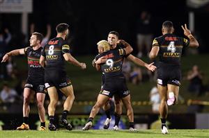 SYDNEY, AUSTRALIA - OCTOBER 02: Nathan Cleary of the Panthers celebrates kicking a field goal during the NRL Qualifying Final match between the Penrith Panthers and the Sydney Roosters at Panthers Stadium on October 02, 2020 in Sydney, Australia. (Photo by Cameron Spencer/Getty Images)