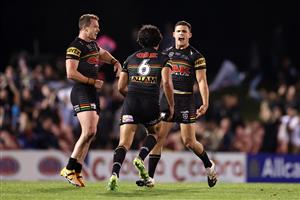 SYDNEY, AUSTRALIA - OCTOBER 02: Nathan Cleary of the Panthers celebrates kicking a field goal during the NRL Qualifying Final match between the Penrith Panthers and the Sydney Roosters at Panthers Stadium on October 02, 2020 in Sydney, Australia. (Photo by Cameron Spencer/Getty Images)