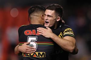 SYDNEY, AUSTRALIA - OCTOBER 02: Nathan Cleary of the Panthers and Brian To'o of the Panthers celebrate after winning the NRL Qualifying Final match between the Penrith Panthers and the Sydney Roosters at Panthers Stadium on October 02, 2020 in Sydney, Australia. (Photo by Mark Kolbe/Getty Images)