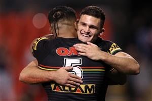 SYDNEY, AUSTRALIA - OCTOBER 02: Nathan Cleary of the Panthers and Brian To'o of the Panthers celebrate after winning the NRL Qualifying Final match between the Penrith Panthers and the Sydney Roosters at Panthers Stadium on October 02, 2020 in Sydney, Australia. (Photo by Mark Kolbe/Getty Images)