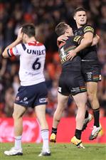SYDNEY, AUSTRALIA - OCTOBER 02: Nathan Cleary of the Panthers celebrates kicking a field goal during the NRL Qualifying Final match between the Penrith Panthers and the Sydney Roosters at Panthers Stadium on October 02, 2020 in Sydney, Australia. (Photo by Mark Kolbe/Getty Images)