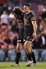 SYDNEY, AUSTRALIA - OCTOBER 02: Nathan Cleary of the Panthers and Jerome Luai of the Panthers celebrate after winning the NRL Qualifying Final match between the Penrith Panthers and the Sydney Roosters at Panthers Stadium on October 02, 2020 in Sydney, Australia. (Photo by Cameron Spencer/Getty Images)