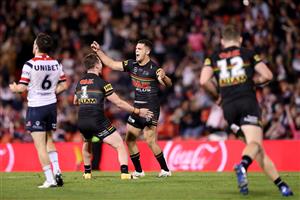 SYDNEY, AUSTRALIA - OCTOBER 02: Nathan Cleary of the Panthers celebrates kicking a field goal during the NRL Qualifying Final match between the Penrith Panthers and the Sydney Roosters at Panthers Stadium on October 02, 2020 in Sydney, Australia. (Photo by Mark Kolbe/Getty Images)