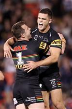 SYDNEY, AUSTRALIA - OCTOBER 02: Nathan Cleary of the Panthers celebrates kicking a field goal during the NRL Qualifying Final match between the Penrith Panthers and the Sydney Roosters at Panthers Stadium on October 02, 2020 in Sydney, Australia. (Photo by Mark Kolbe/Getty Images)