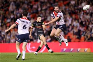 SYDNEY, AUSTRALIA - OCTOBER 02: Nathan Cleary of the Panthers kicks a field goal during the NRL Qualifying Final match between the Penrith Panthers and the Sydney Roosters at Panthers Stadium on October 02, 2020 in Sydney, Australia. (Photo by Mark Kolbe/Getty Images)