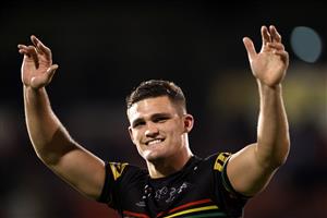SYDNEY, AUSTRALIA - OCTOBER 02: Nathan Cleary of the Panthers celebrates after winning the NRL Qualifying Final match between the Penrith Panthers and the Sydney Roosters at Panthers Stadium on October 02, 2020 in Sydney, Australia. (Photo by Cameron Spencer/Getty Images)