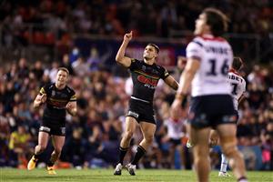 SYDNEY, AUSTRALIA - OCTOBER 02: Nathan Cleary of the Panthers celebrates kicking a field goal during the NRL Qualifying Final match between the Penrith Panthers and the Sydney Roosters at Panthers Stadium on October 02, 2020 in Sydney, Australia. (Photo by Cameron Spencer/Getty Images)