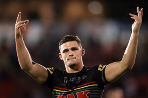 SYDNEY, AUSTRALIA - OCTOBER 02: Nathan Cleary of the Panthers celebrates after winning the NRL Qualifying Final match between the Penrith Panthers and the Sydney Roosters at Panthers Stadium on October 02, 2020 in Sydney, Australia. (Photo by Cameron Spencer/Getty Images)