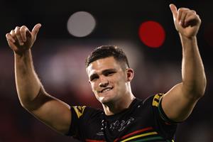 SYDNEY, AUSTRALIA - OCTOBER 02: Nathan Cleary of the Panthers celebrates after winning the NRL Qualifying Final match between the Penrith Panthers and the Sydney Roosters at Panthers Stadium on October 02, 2020 in Sydney, Australia. (Photo by Cameron Spencer/Getty Images)