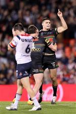 SYDNEY, AUSTRALIA - OCTOBER 02: Nathan Cleary of the Panthers celebrates kicking a field goal during the NRL Qualifying Final match between the Penrith Panthers and the Sydney Roosters at Panthers Stadium on October 02, 2020 in Sydney, Australia. (Photo by Mark Kolbe/Getty Images)