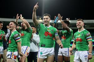 SYDNEY, AUSTRALIA - OCTOBER 09: Nick Cotric of the Raiders thanks the crowd after winning the NRL Semi Final match between the Sydney Roosters and the Canberra Raiders at the Sydney Cricket Ground on October 09, 2020 in Sydney, Australia. (Photo by Cameron Spencer/Getty Images)