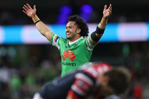 SYDNEY, AUSTRALIA - OCTOBER 09: Corey Harawira-Naera of the Raiders celebrates winning the NRL Semi Final match between the Sydney Roosters and the Canberra Raiders at the Sydney Cricket Ground on October 09, 2020 in Sydney, Australia. (Photo by Cameron Spencer/Getty Images)