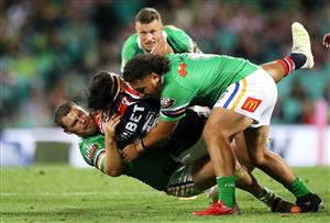 SYDNEY, AUSTRALIA - OCTOBER 09: Sitili Tupouniua of the Roosters is tackled during the NRL Semi Final match between the Sydney Roosters and the Canberra Raiders at Sydney Cricket Ground on October 09, 2020 in Sydney, Australia. (Photo by Mark Kolbe/Getty Images)