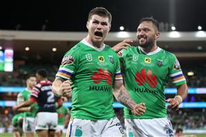 SYDNEY, AUSTRALIA - OCTOBER 09: John Bateman of the Raiders and Jordan Rapana of the Raiders celebrate winning the NRL Semi Final match between the Sydney Roosters and the Canberra Raiders at the Sydney Cricket Ground on October 09, 2020 in Sydney, Australia. (Photo by Cameron Spencer/Getty Images)