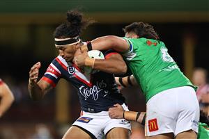 SYDNEY, AUSTRALIA - OCTOBER 09: Sitili Tupouniua of the Roosters is tackled during the NRL Semi Final match between the Sydney Roosters and the Canberra Raiders at the Sydney Cricket Ground on October 09, 2020 in Sydney, Australia. (Photo by Cameron Spencer/Getty Images)