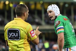 SYDNEY, AUSTRALIA - OCTOBER 09: Jarrod Croker of the Raiders talks to referee Ashley Klein during the NRL Semi Final match between the Sydney Roosters and the Canberra Raiders at the Sydney Cricket Ground on October 09, 2020 in Sydney, Australia. (Photo by Mark Kolbe/Getty Images)