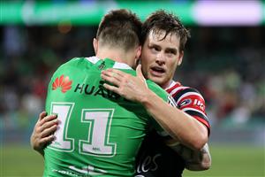 SYDNEY, AUSTRALIA - OCTOBER 09: Luke Keary of the Roosters hugs John Bateman of the Raiders after the NRL Semi Final match between the Sydney Roosters and the Canberra Raiders at the Sydney Cricket Ground on October 09, 2020 in Sydney, Australia. (Photo by Cameron Spencer/Getty Images)