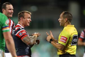SYDNEY, AUSTRALIA - OCTOBER 09: Jake Friend of the Roosters talks to referee Ashley Klein during the NRL Semi Final match between the Sydney Roosters and the Canberra Raiders at the Sydney Cricket Ground on October 09, 2020 in Sydney, Australia. (Photo by Mark Kolbe/Getty Images)