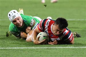 SYDNEY, AUSTRALIA - OCTOBER 09: Joseph Manu of the Roosters scores a try during the NRL Semi Final match between the Sydney Roosters and the Canberra Raiders at the Sydney Cricket Ground on October 09, 2020 in Sydney, Australia. (Photo by Mark Kolbe/Getty Images)