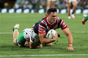SYDNEY, AUSTRALIA - OCTOBER 09: Joseph Manu of the Roosters scores a try during the NRL Semi Final match between the Sydney Roosters and the Canberra Raiders at the Sydney Cricket Ground on October 09, 2020 in Sydney, Australia. (Photo by Mark Kolbe/Getty Images)