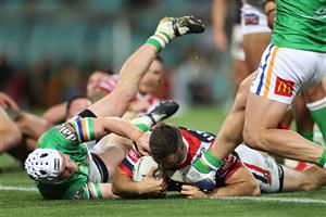 SYDNEY, AUSTRALIA - OCTOBER 09: James Tedesco of the Roosters scores a try during the NRL Semi Final match between the Sydney Roosters and the Canberra Raiders at the Sydney Cricket Ground on October 09, 2020 in Sydney, Australia. (Photo by Cameron Spencer/Getty Images)