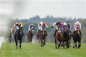 ASCOT, ENGLAND - OCTOBER 17: William Buick riding Wonderful Tonight (L, yellow/blue) win The Qipco British Champions Fillies & Mares Stakes during the Qipco British Champions Day at Ascot Racecourse on October 17, 2020 in Ascot, England. Owners are allowed to attend if they have a runner at the meeting otherwise racing remains behind closed doors to the public due to the Coronavirus pandemic. (Photo by Alan Crowhurst/Getty Images)