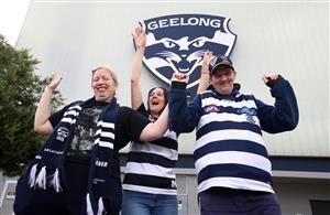 GEELONG, AUSTRALIA - OCTOBER 21: Melissa Meehan, Sarah Knell and David McKernan are seen at GMHBA Stadium on October 21, 2020 in Geelong, Australia. The Geelong Cats take on Richmond Tigers in the AFL Grand Final on Saturday 24 October at the Gabba in Brisbane. It is the first time the AFL Grand Final has been played outside of the MCG due to COVID-19 restrictions.. Coronavirus restrictions eased further in Victoria as of 11:59 on Sunday 18 October, with regional Victoria's Third Step restrictions lifted slightly to allow up to two visitors at home and increased limits on numbers at cafes and restaurants. Metropolitan Melbourne is under Second Step restrictions, with residents are now able to travel up to 25km from their homes, and no limits on the time people spend outside their homes exercising. People must continue to stay at home unless for the four permitted reasons – to shop for food and other necessary goods; for care or compassionate reasons; for work or education; for exercise or social interaction, and from Monday, people can also now go to the hairdresser. Up to 10 people from two households can also now meet outdoors, while tennis, golf, bocce and skate parks are now able to open. (Photo by Robert Cianflone/Getty Images)